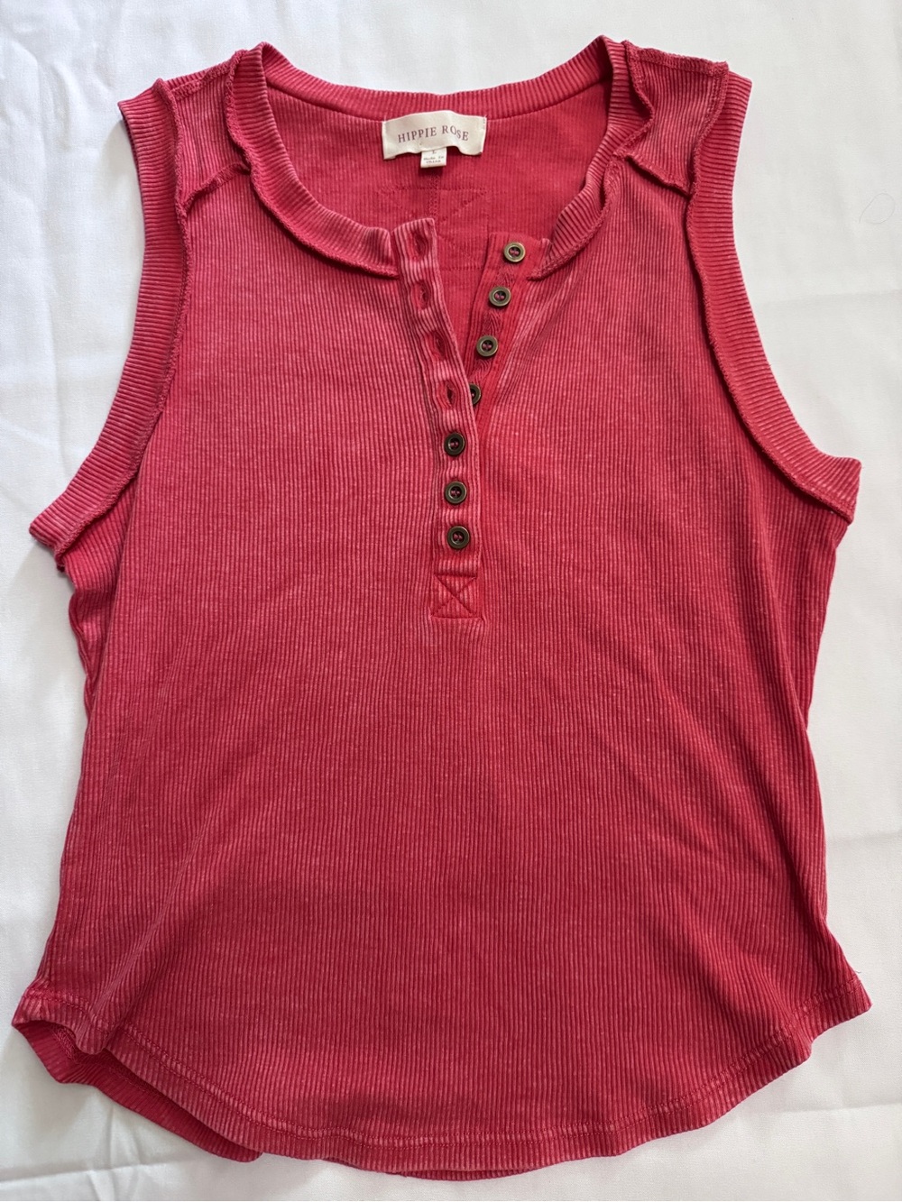 Hippie Rose Sleeveless Henley Tank Top - Raspberry Dark Pink/Coral Large EUC